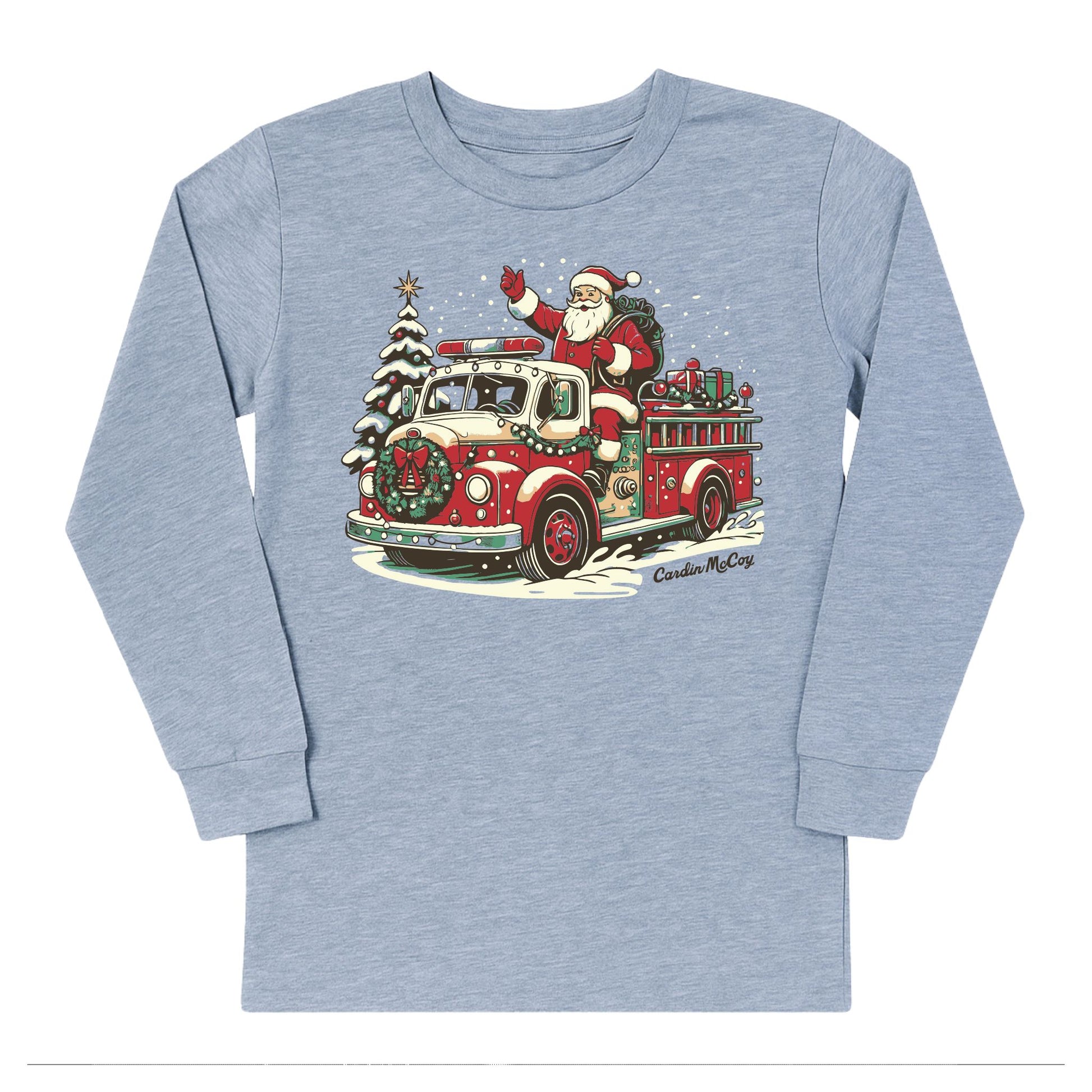 Kids' Fire Truck Santa Front Long-Sleeve Tee Long Sleeve T-Shirt Cardin McCoy Heather Gray XXS (2/3) Front Design