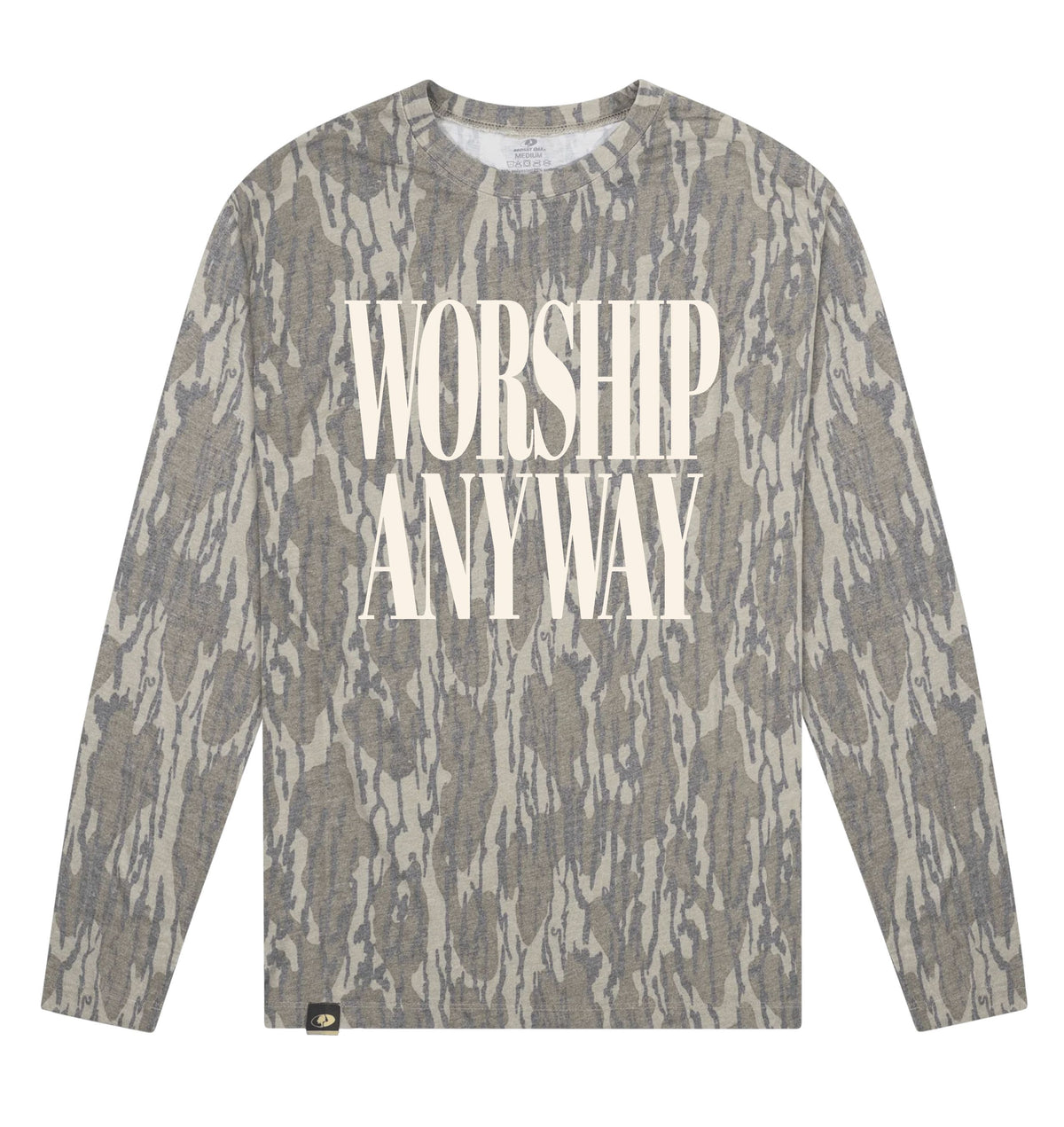 Adult Worship Anyway Mossy Oak Bottomland Washed Out Long-Sleeve Tee Long Sleeve T-Shirt Mossy Oak Original Bottomland Adult Small Pocket