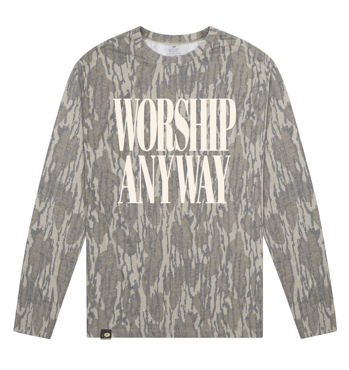 Adult Worship Anyway Mossy Oak Bottomland Washed Out Long-Sleeve Tee