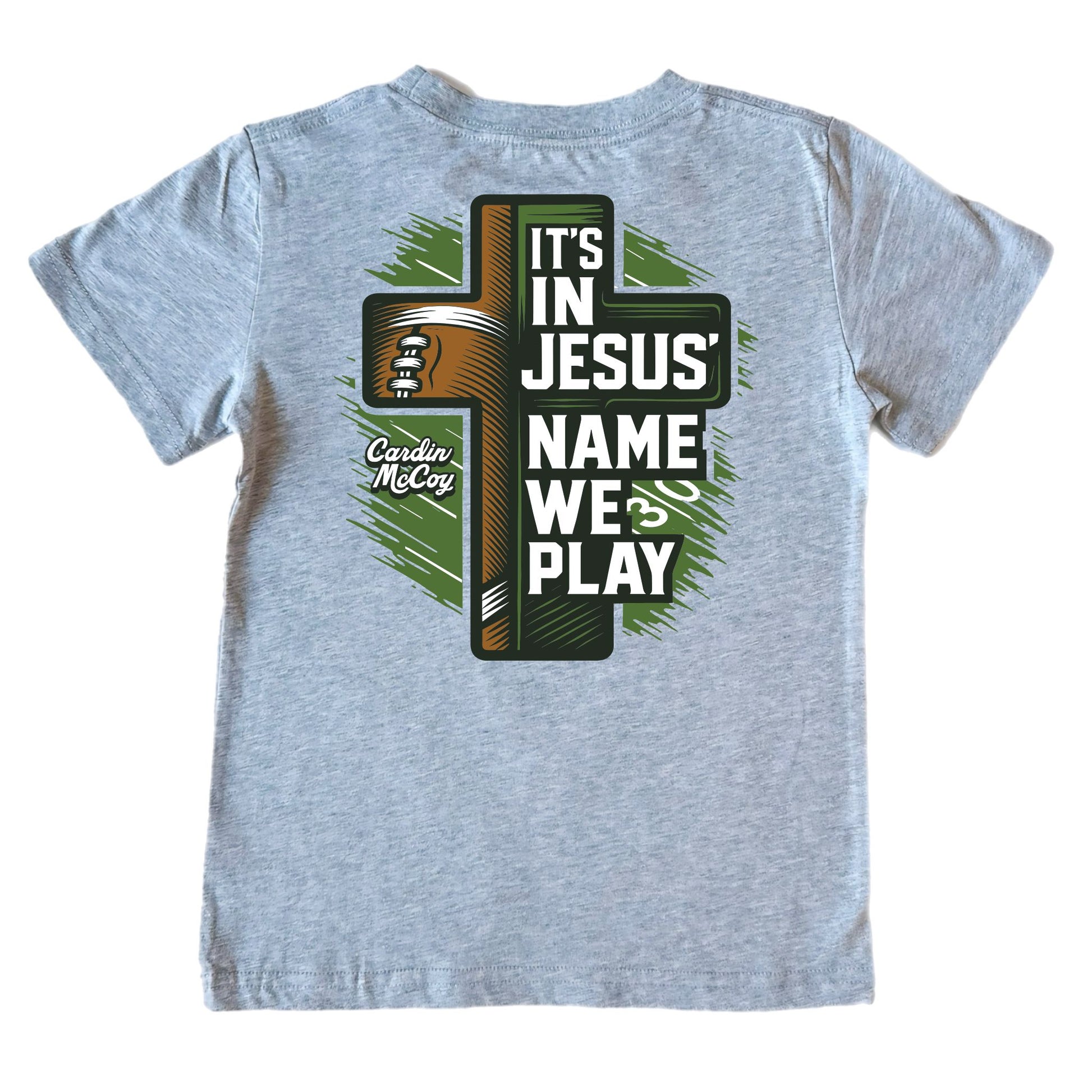 Boys' It's In Jesus' Name We Play Short-Sleeve Tee Short Sleeve T-Shirt Cardin McCoy Heather Gray XXS (2/3) No Pocket