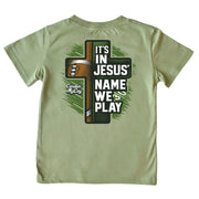 Boys' It's In Jesus' Name We Play Short-Sleeve Tee Short Sleeve T-Shirt Cardin McCoy Light Olive XXS (2/3) No Pocket