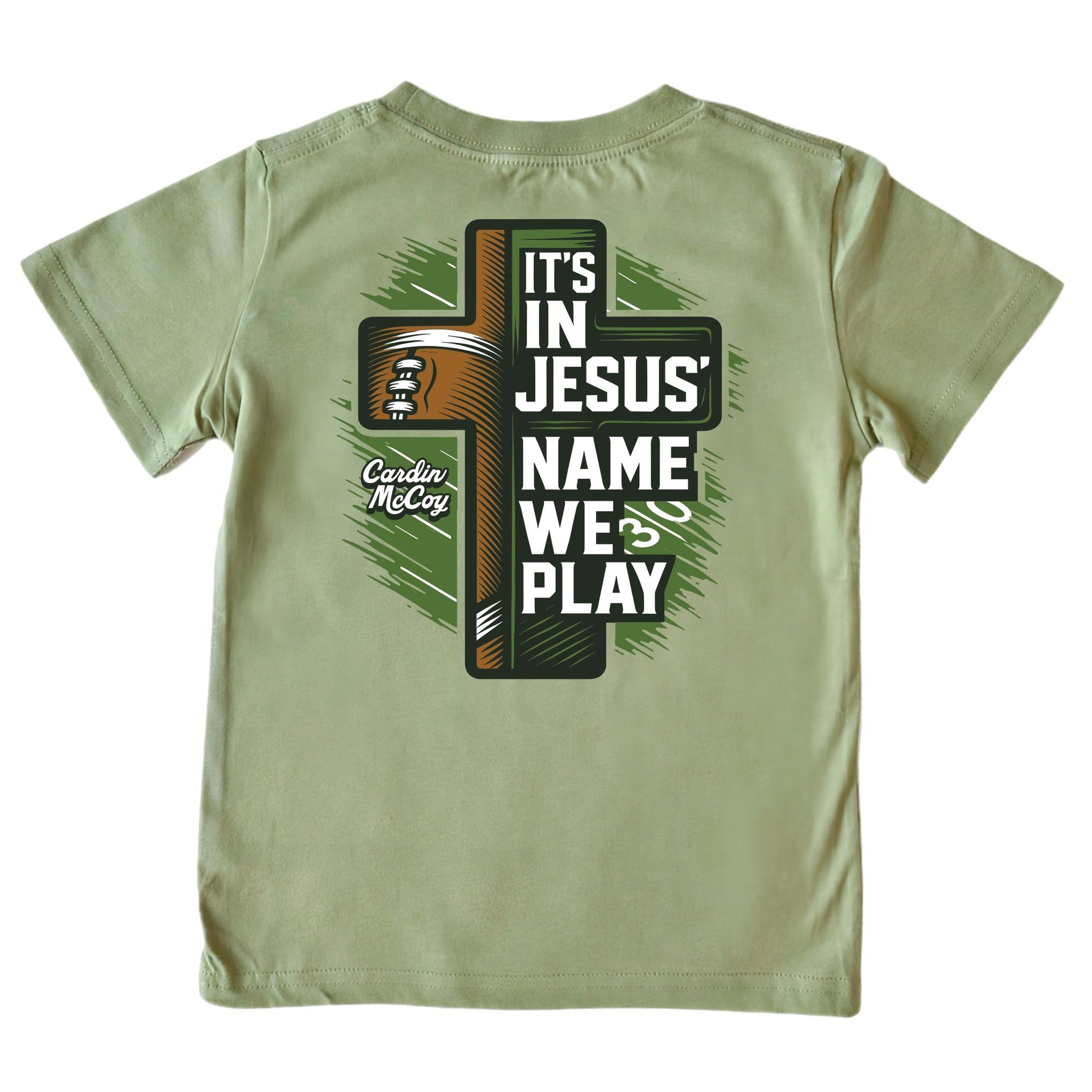 Boys' It's In Jesus' Name We Play Short-Sleeve Tee Short Sleeve T-Shirt Cardin McCoy Light Olive XXS (2/3) No Pocket