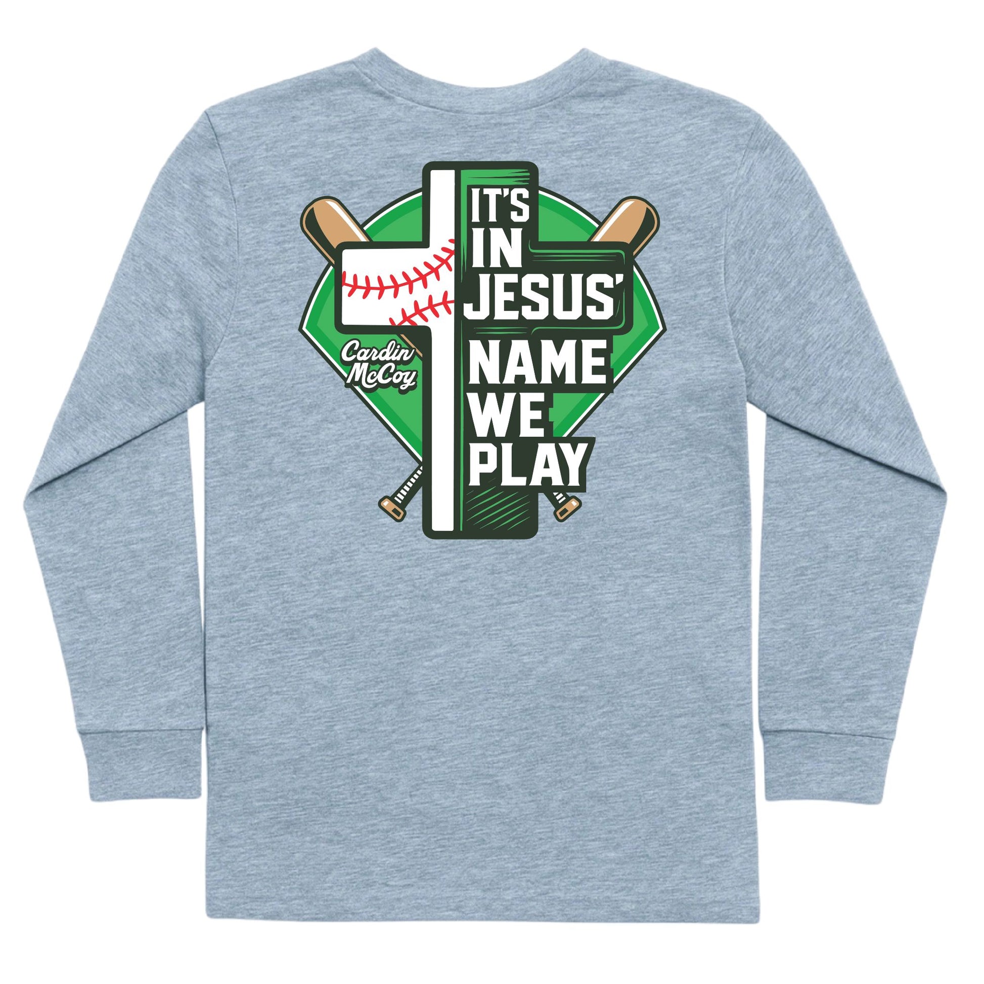 Kids' In Jesus Name Baseball Long-Sleeve Tee Long Sleeve T-Shirt Cardin McCoy Heather Gray XXS (2/3) Pocket