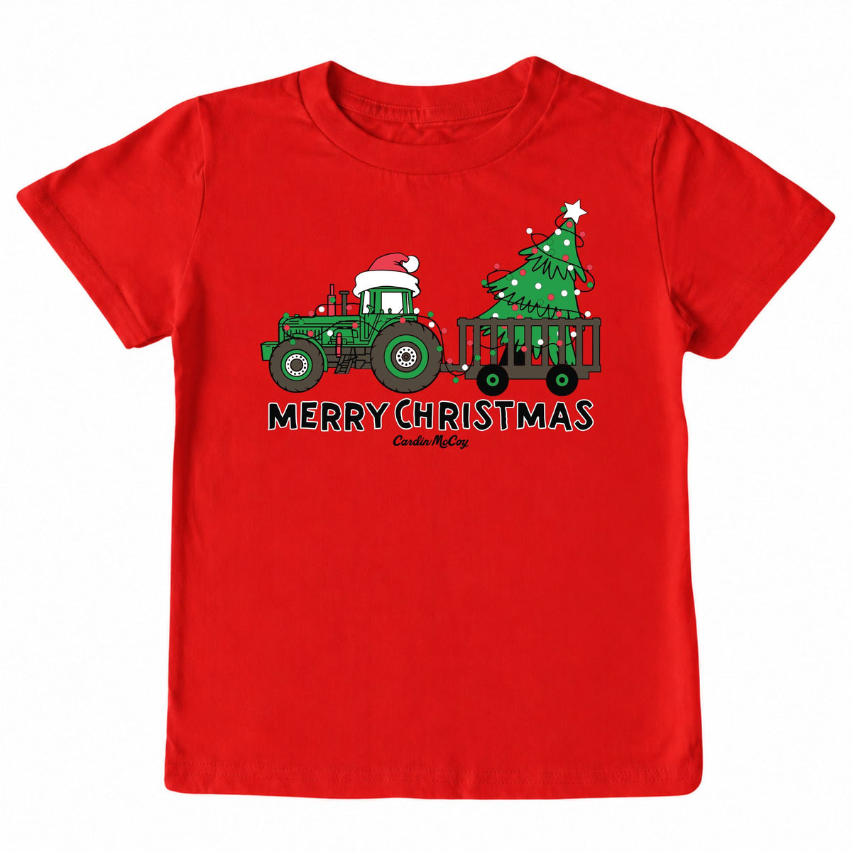 Kids' Merry Christmas Tractor Front Design Short-Sleeve Tee Short Sleeve T-Shirt Cardin McCoy Red XXS (2/3) Pocket