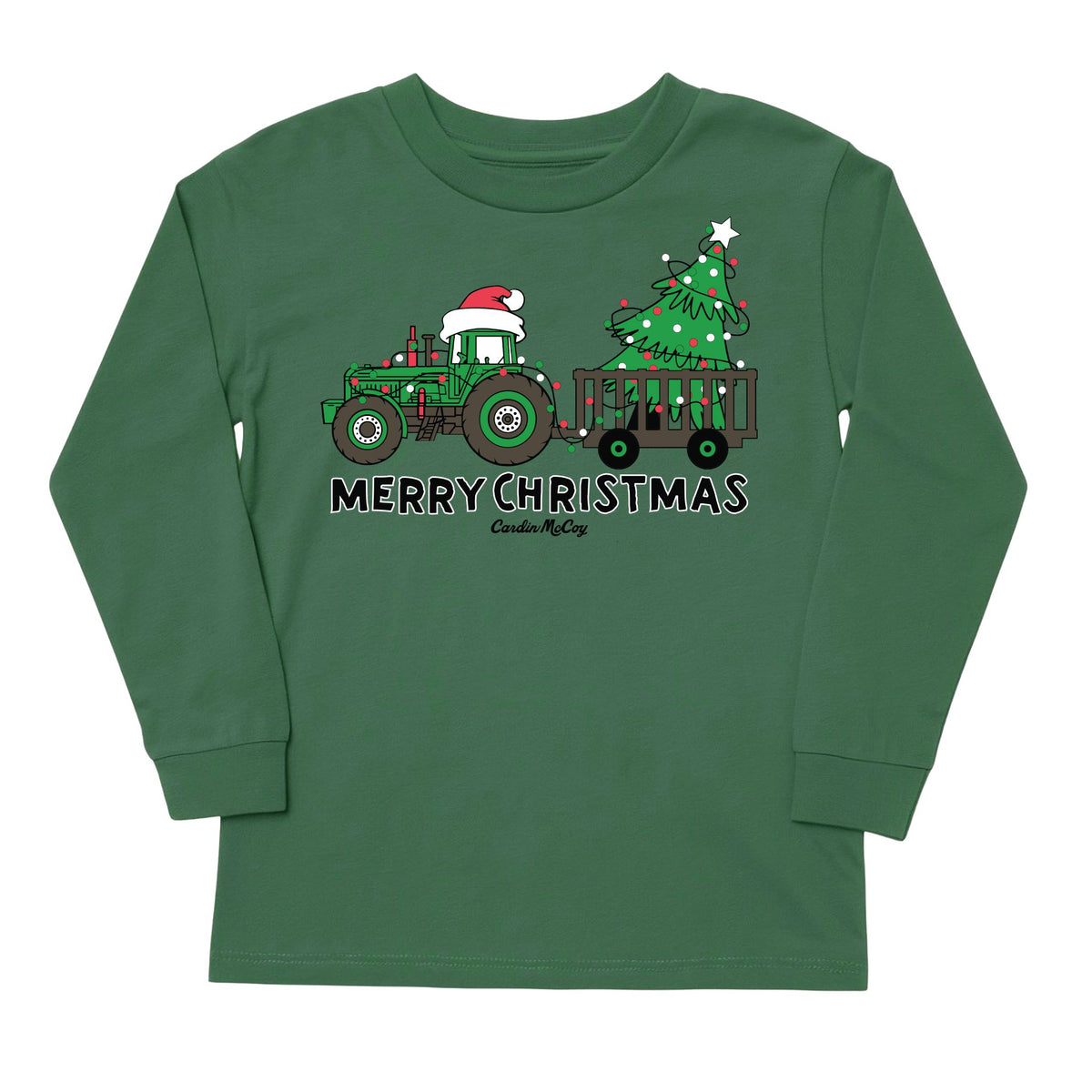 Kids' Merry Christmas Tractor Front Long-Sleeve Tee Long Sleeve T-Shirt Cardin McCoy Dark Olive XXS (2/3) No Pocket