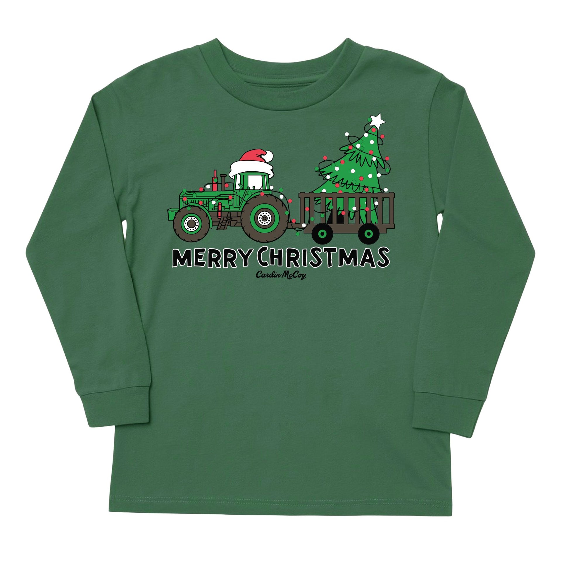 Kids' Merry Christmas Tractor Front Long-Sleeve Tee Long Sleeve T-Shirt Cardin McCoy Dark Olive XXS (2/3) No Pocket