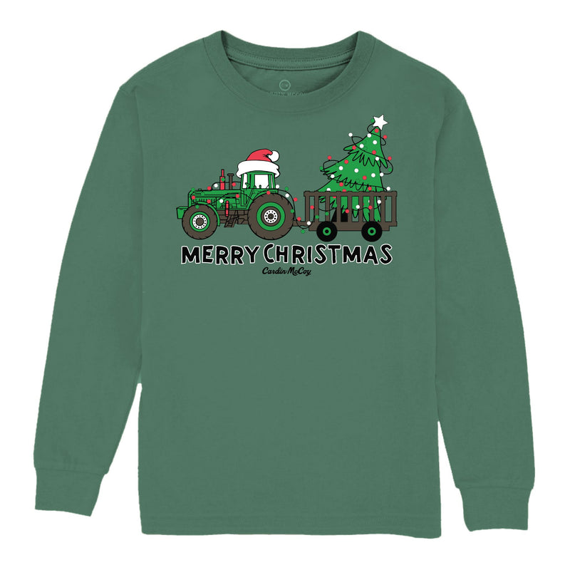 Kids' Merry Christmas Tractor Front Long-Sleeve Tee Long Sleeve T-Shirt Cardin McCoy Dark Olive XXS (2/3) No Pocket