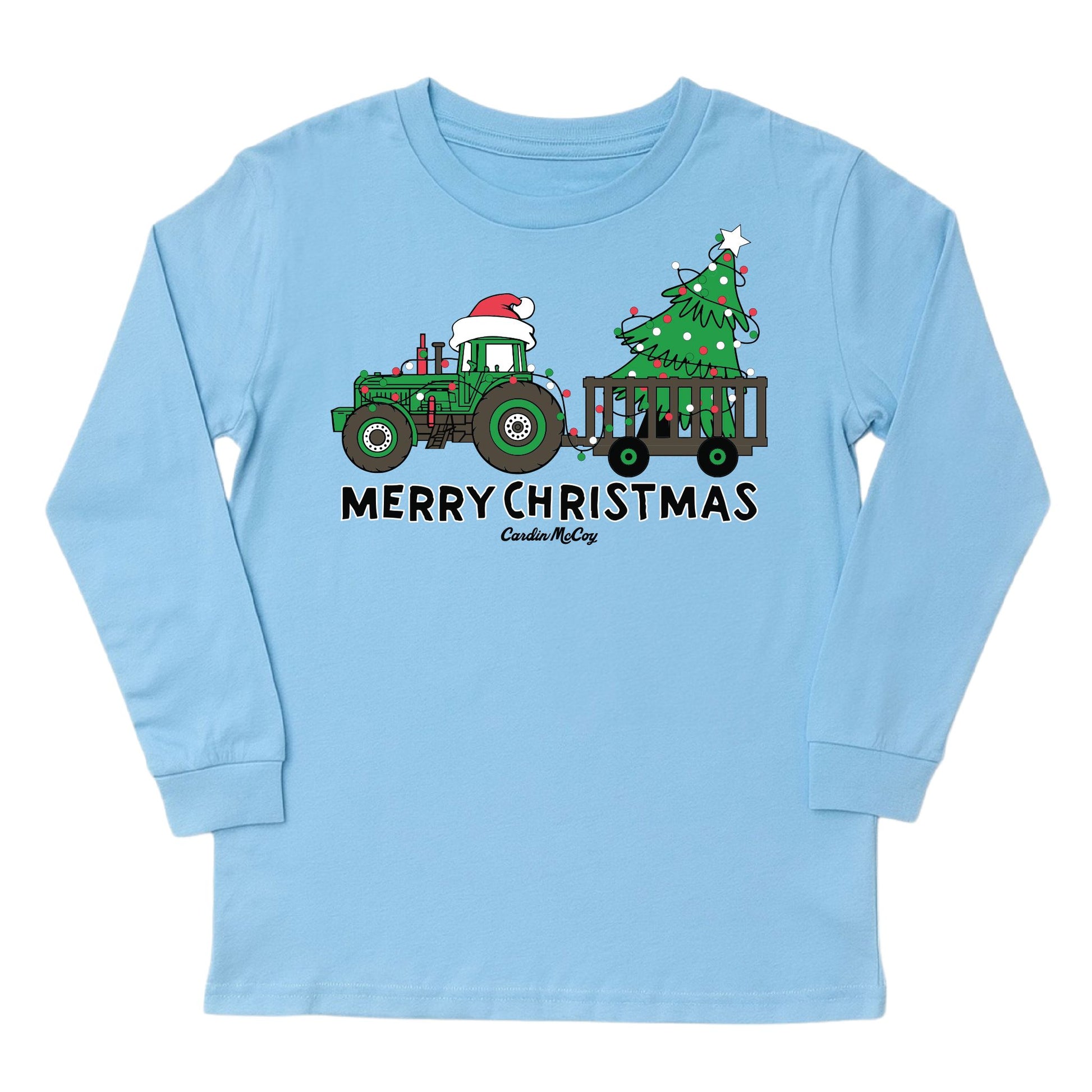 Kids' Merry Christmas Tractor Front Long-Sleeve Tee Long Sleeve T-Shirt Cardin McCoy Light Blue XXS (2/3) No Pocket