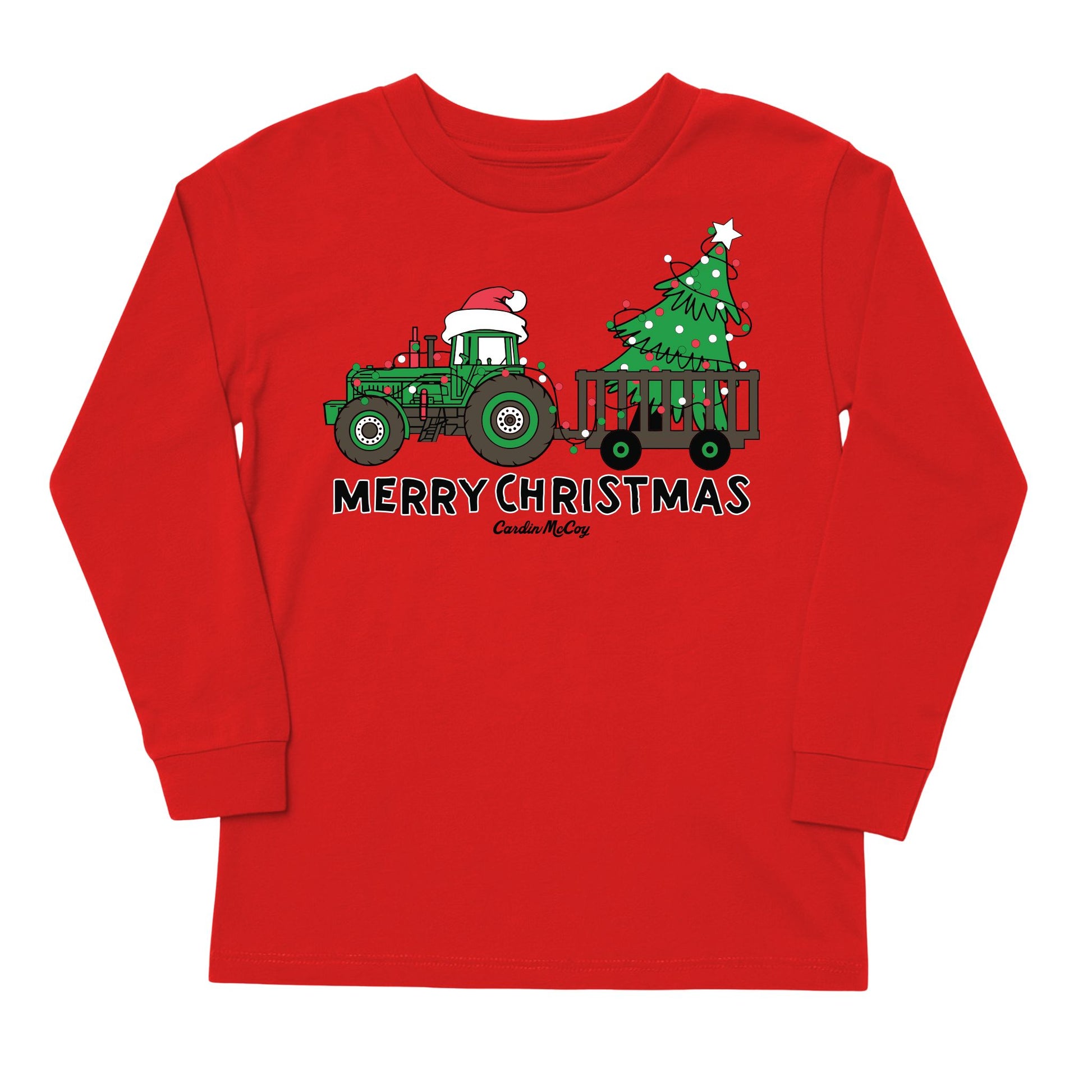 Kids' Merry Christmas Tractor Front Long-Sleeve Tee Long Sleeve T-Shirt Cardin McCoy Red XXS (2/3) No Pocket