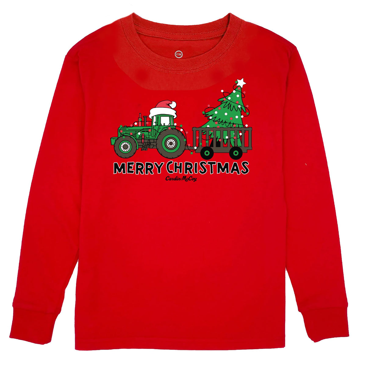 Kids' Merry Christmas Tractor Front Long-Sleeve Tee Long Sleeve T-Shirt Cardin McCoy Red XXS (2/3) No Pocket