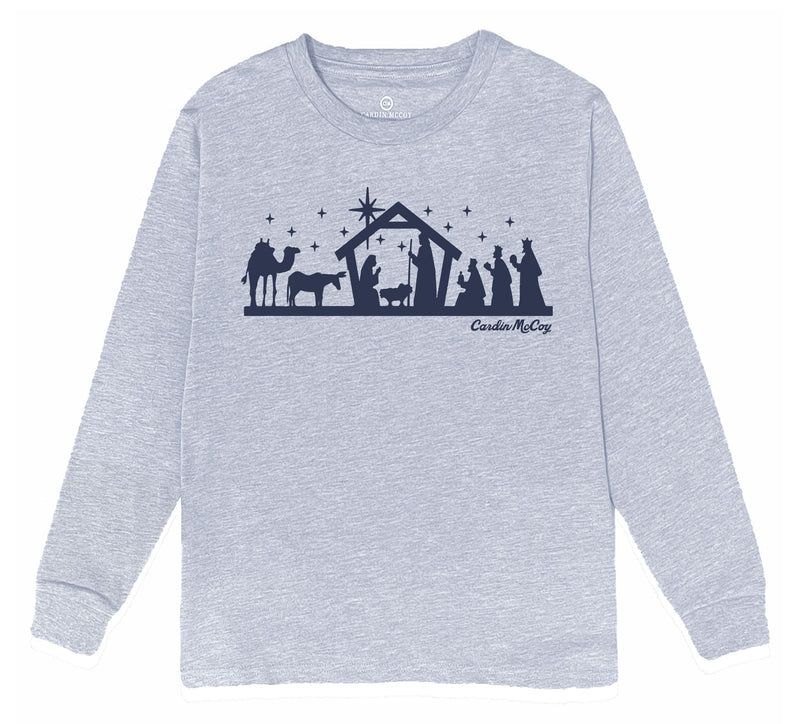 Kids' Nativity Sketch Front Long-Sleeve Tee Long Sleeve T-Shirt Cardin McCoy Heather Gray XXS (2/3) No Pocket