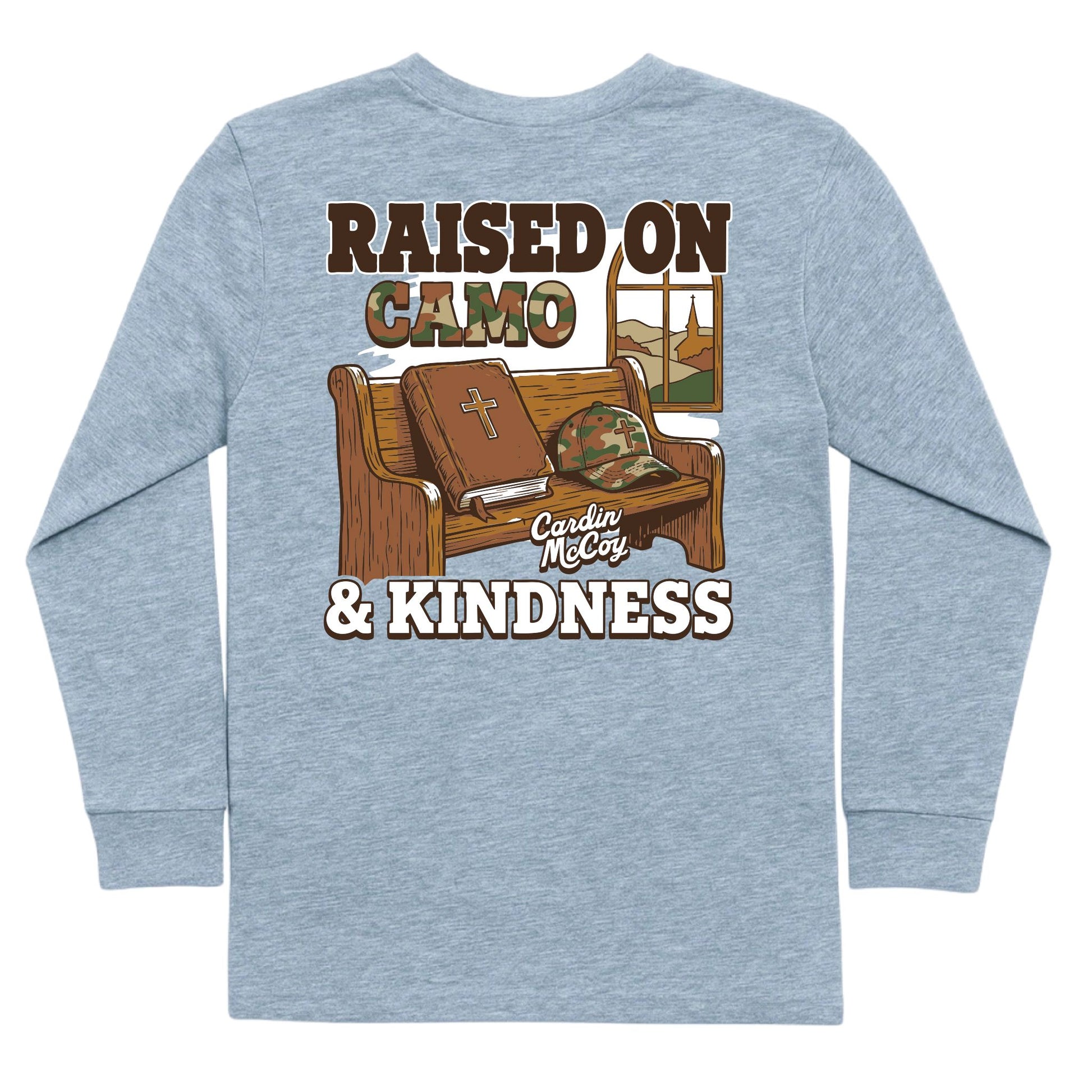 Kids' Raised on Camo and Kindness Long-Sleeve Tee Long Sleeve T-Shirt Cardin McCoy Heather Gray XXS (2/3) Pocket