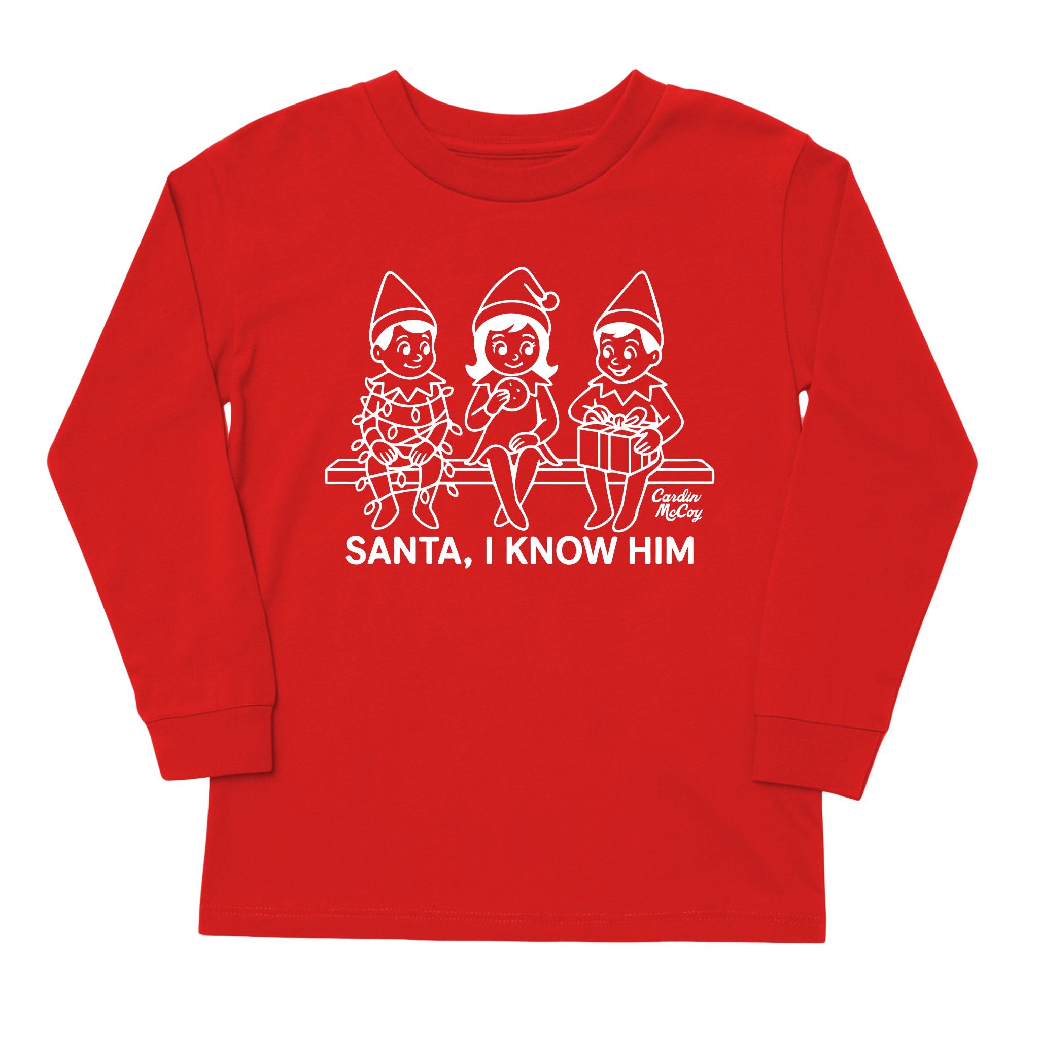 Kids' Santa I Know Him Front Long-Sleeve Tee Long Sleeve T-Shirt Cardin McCoy Red XXS (2/3) No Pocket