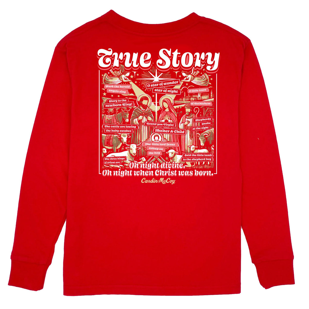 Kids' True Story Nativity Long-Sleeve Tee Long Sleeve T-Shirt Cardin McCoy Red XXS (2/3) Pocket