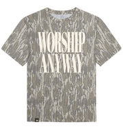Youth Worship Anyway Mossy Oak Bottomland Washed Out Short-Sleeve Tee Long Sleeve T-Shirt Mossy Oak Original Bottomland Youth Small Front